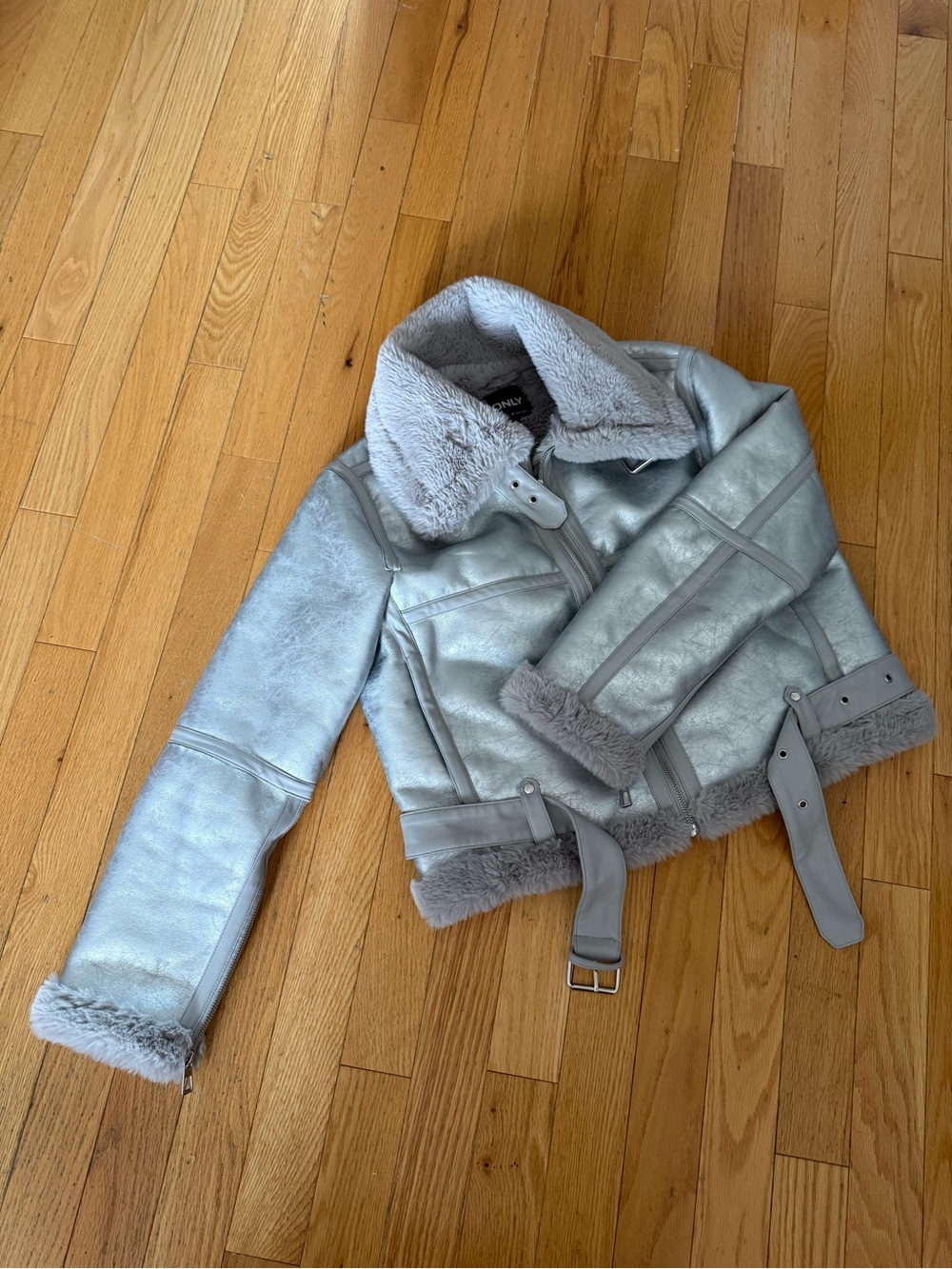Only Silver Gray Shearling-Lined Varsity Jacket - Picture 1 of 3